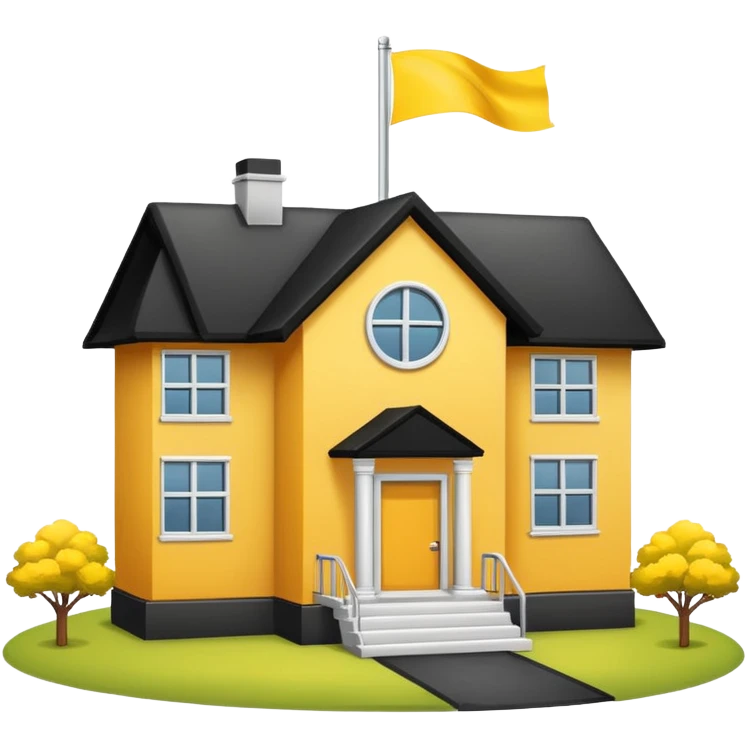 simple school, white background, magic school, black roof, with a big flag, big flag on a roof, big yellow flag, white school emoji