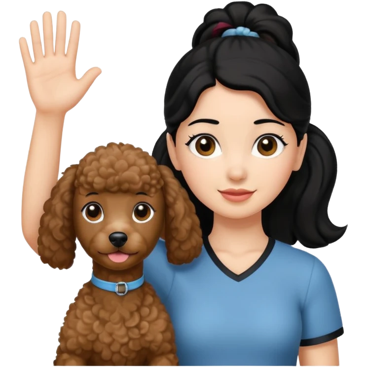 Ponytail black hair girl with brown Poodle say goodbye  emoji
