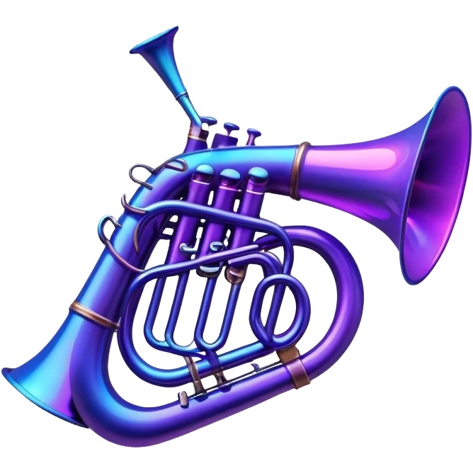 musical horn instrument with neon glow effect, blue neon glow on top left, purple neon glow on bottom right emoji
