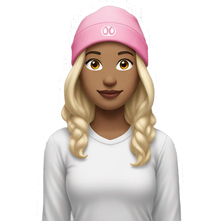 white raced, blonde hair with middle part, girl, long sleeve white lululemon shirt,  grey sweat pants, and a pink santa hat emoji