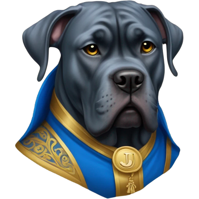 Blue Cane Corso in a blue and gold colored as a clergyman with monogrammed J on his cloak. emoji