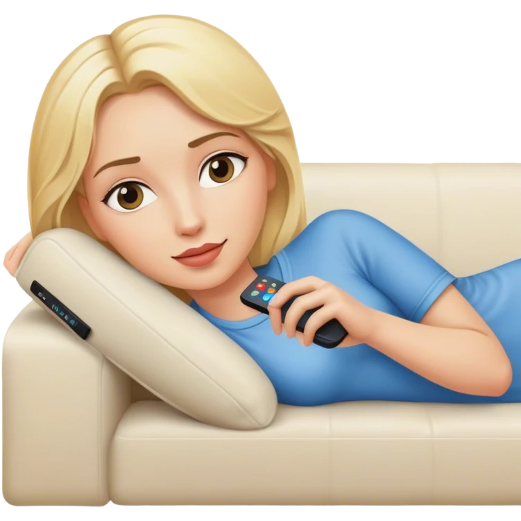 a blonde woman laying in a coach with a remote in her hand emoji