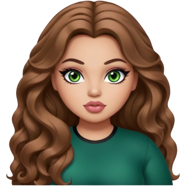  long brown wavy hair, light skin, green eyes, pretty bratz baddie, big plus size , black eyeliner, blush emoji