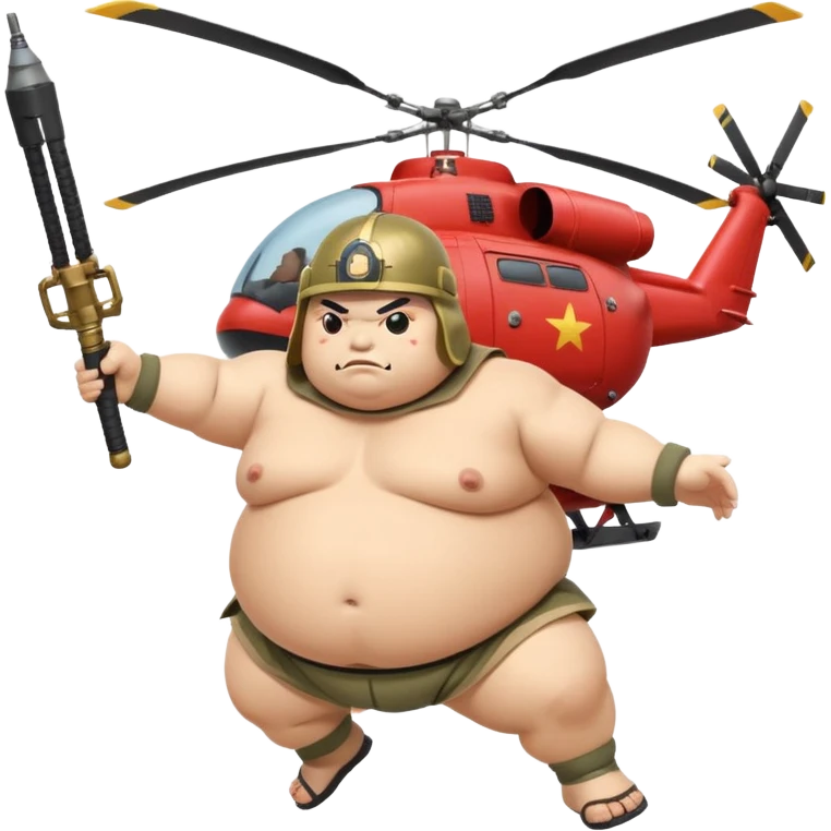 A fat sumo fighter holding a RPG with a army helmet and he’s hanging off a side of a helicopter  emoji