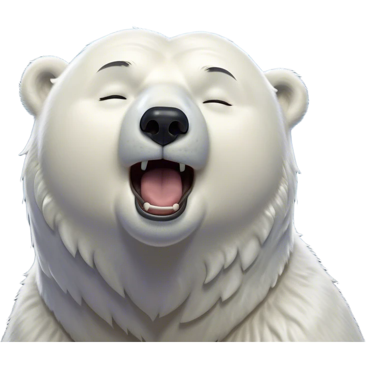 Cinematic Cute Yawning Polar Bear Portrait Emoji, Head tilted slightly with a dramatic, wide-open yawn, showcasing luxuriously thick fur and sleepy, half-closed eyes radiating drowsy contentment, Simplified yet irresistibly adorable features, highly detailed, glowing with a soft, cozy polar light, high shine, relaxed yet expressive, stylized with a dash of whimsical arctic charm, soft glowing outline, capturing the essence of a drowsy yet affectionate guardian that seems ready to stretch out for a nap! emoji