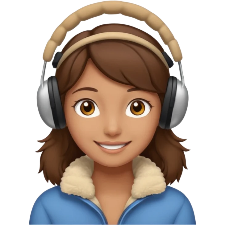 A girl wearing beige ear muffs, tan skin, brown hair, brown eyes smiling emoji