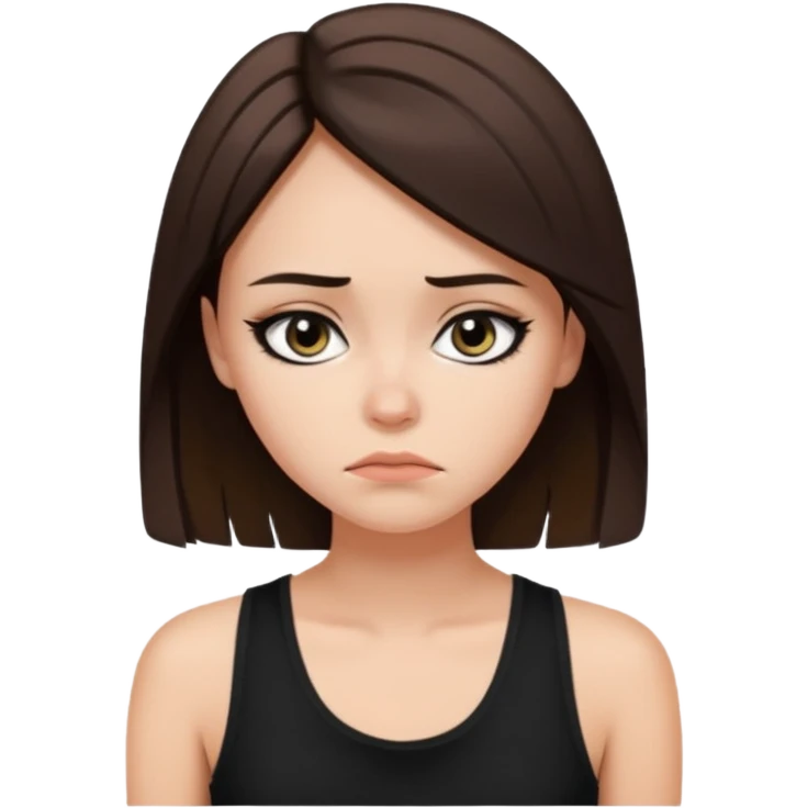 a fair girl with straight brunette hair, black tank top, eyeliner on. Looking sad emoji