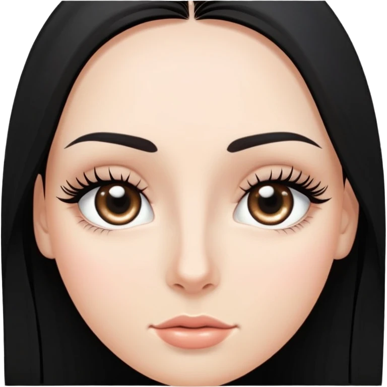 White girl with long oval shaped face, large almond shaped eyes with long eyelashes, long straight black hair falling in front of her bare shoulders, face closeup emoji