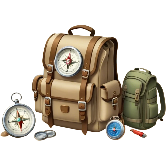 Icon for Expeditions: a compass, a map, a backpack with trekking gear, and a rugged expedition jeep, set against a backdrop of snowy mountains, sand dunes, and tropical islands. The icon should capture the spirit of adventure and exploration in diverse landscapes. Transparent background. emoji