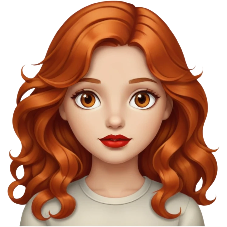 Ragazza con capelli ramati lunghi e mossi, occhi nocciola e rossetto rosso emoji