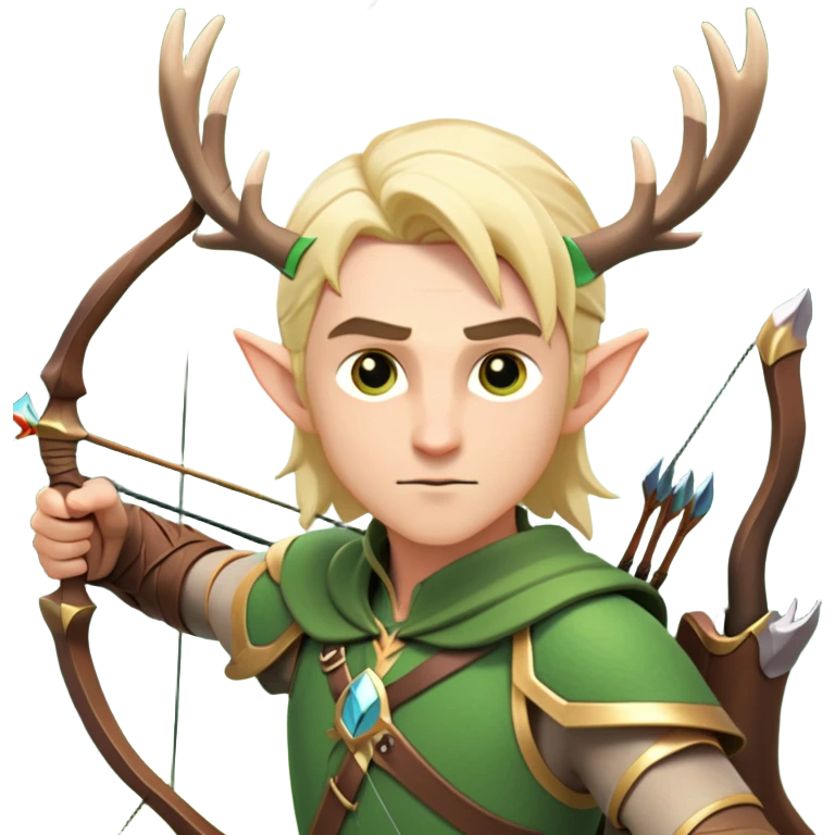 clash-of-clans-aesthetic-blond-male elf-archer-portrait-emoji, rendered in a flat, vector-style with minimal shading and bold holding his bow, simplified shapes, head tilted slightly forward with a determined, focused expression, riding a majestic stag whose antlers glow with mystical energy, set against an ancient, enchanted forest backdrop. emoji