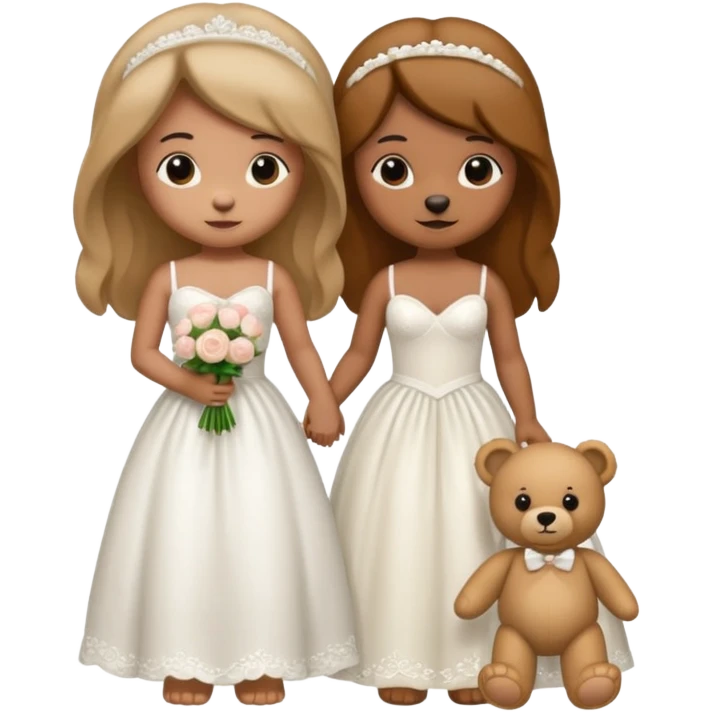 Teddy bear wearing white wedding dress holding the hand to another teddy bear wearing nothing.  emoji