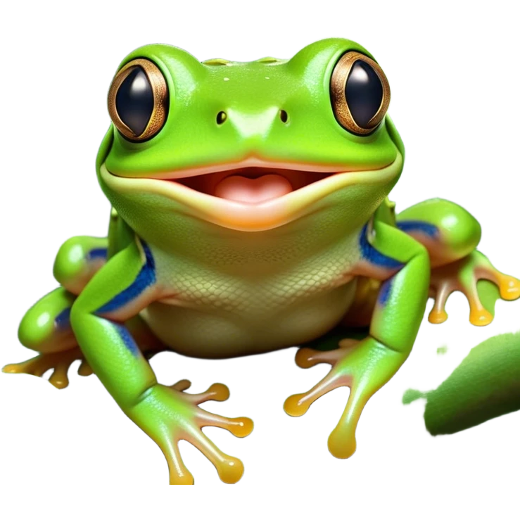 Cinematic Cute Yawning Green Tree Frog Portrait Emoji, Head tilted slightly with a dramatic, wide-open yawn, showcasing a compact, vivid green body with gently drooping eyelids and half-closed, drowsy eyes, Simplified yet irresistibly adorable features, highly detailed, glowing with a soft, cozy jungle glow, high shine, relaxed yet expressive, stylized with a dash of whimsical amphibian charm, soft glowing outline, capturing the essence of a drowsy yet affectionate green tree frog that appears ready to stretch out for a nap! emoji