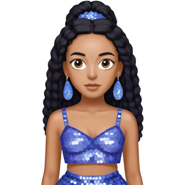 Solange with long black hair, periwinkle sequin crop top, periwinkle sequin skirt, periwinkle earring emoji