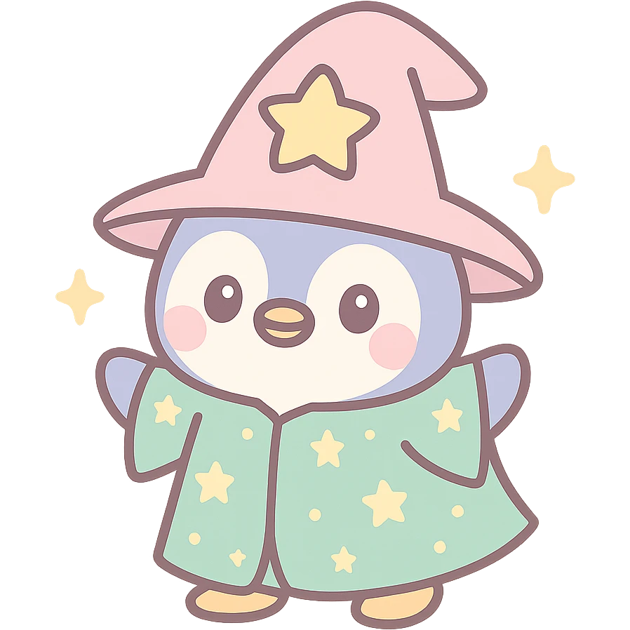 adorable penguin dressed as a wizard, starry robe, sparkles, fantasy vibe emoji
