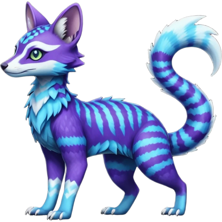 zig-zag-patterned striking indigo-violet-blue-cyan-gradiented with dark undertones, white underside, thunderous stormy edgy badass realistic Vernid-Sergal-Genet-Trico-species by LiLaiRa, full body emoji