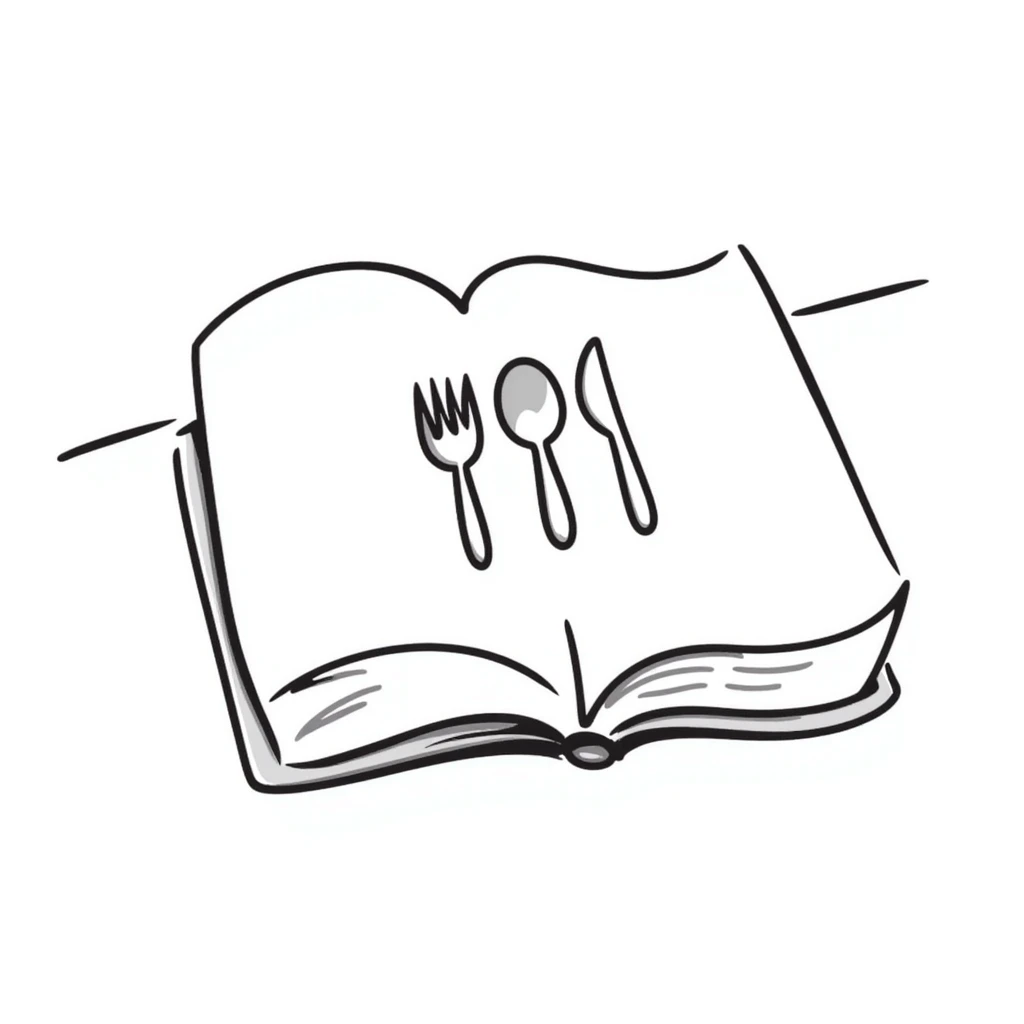 Closed cookbook with a fork and spoon symbol on the cover – collection of recipes emoji