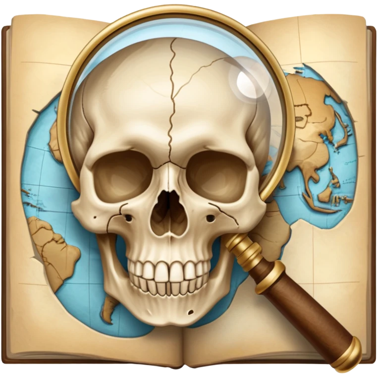 An icon featuring a human skull and fossils, representing anthropology. The design includes a magnifying glass and a map of ancient human migration paths, symbolizing the study of human evolution and cultures. Transparent background highlights the scientific exploration of humanity’s past. emoji