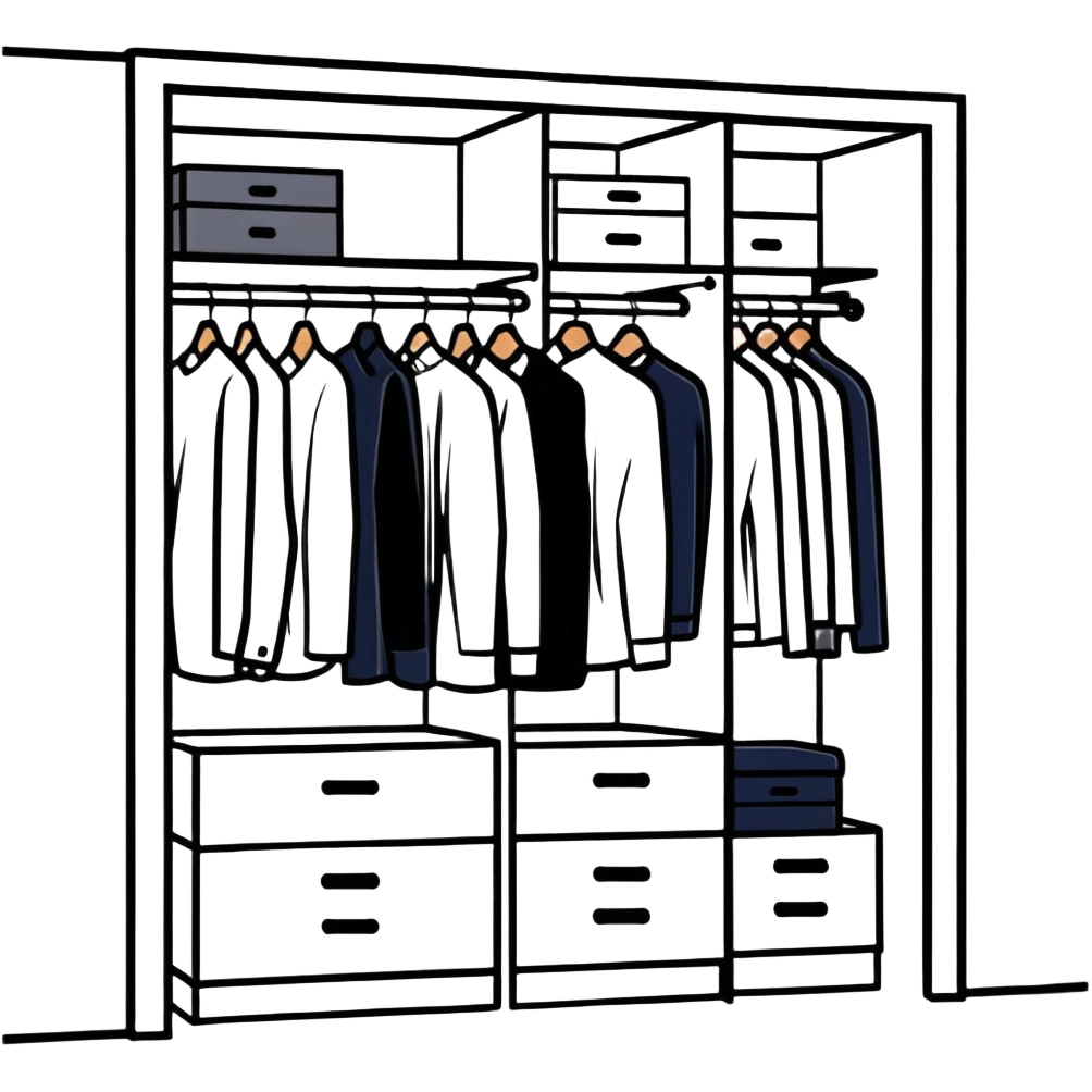 Modern closet with door ajar showing organized professional clothing, work wardrobe storage emoji