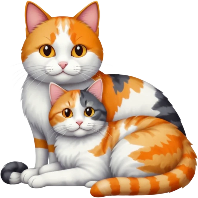 full body colourful light patched calico + white tabby cat cuddling a big grey and white cat  emoji