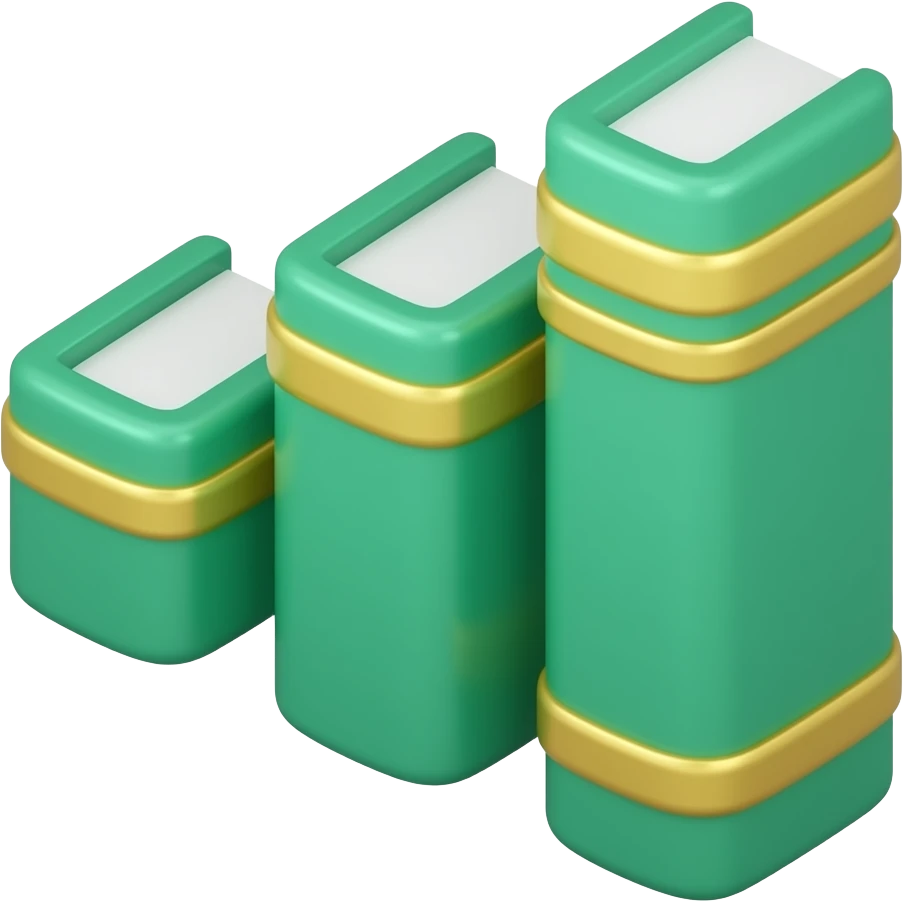 3D isometric bar chart icon, bars shaped like books.
Minimalist professional style, emerald green & gold accents.
Soft studio lighting, 8k Octane render, ray-tracing detail.
Isolated on white background, premium literary aesthetic --v 6.0 emoji