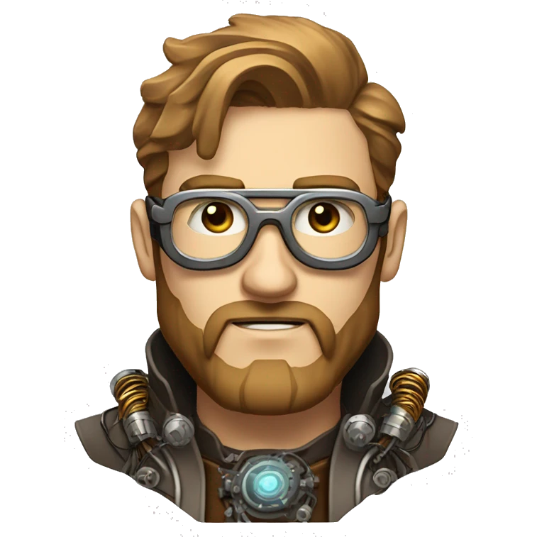 Male cyborg, light brown hair, light brown beard, steampunk glasses, circuits, wires  emoji