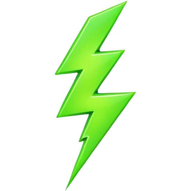 A single neon green lightning bolt emoji, glossy and smooth, cartoonish, vibrant neon green color, high detail, simple and cute design, isolated on white background, centered composition

 emoji