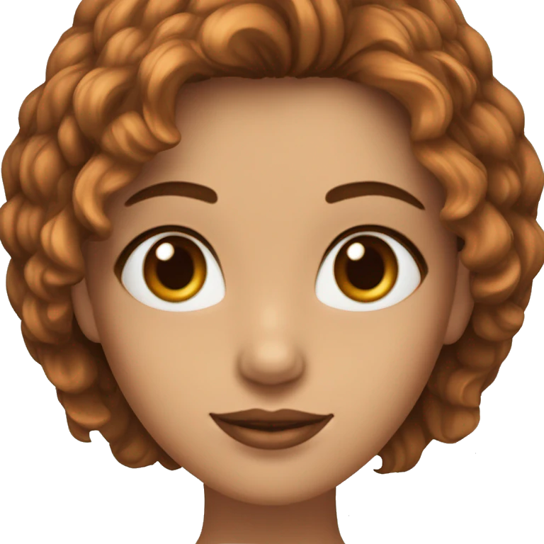 Chica con cabello castaño con puntas color cobre, blanca ojos color café con forma de  almendra nariz chata, cejas prominentes  emoji