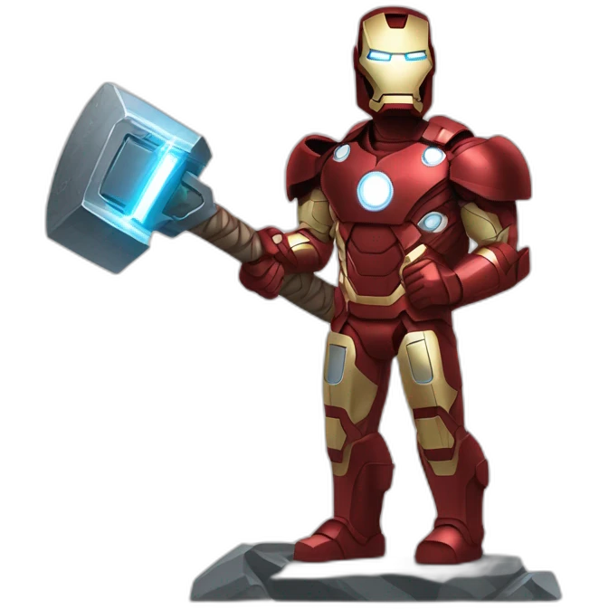 Fyling Iron man with thor's hammer and Captainn America's Shield emoji