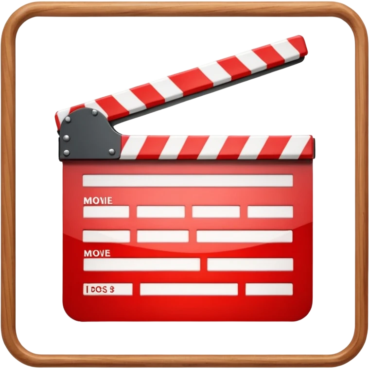 Bright red glossy movie clapper with a folded upper striped bar and light glare emoji