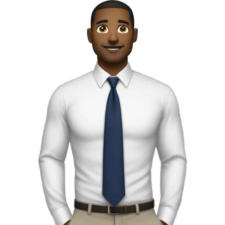 A modern man white shirt and  navy blue tie showing one emoji