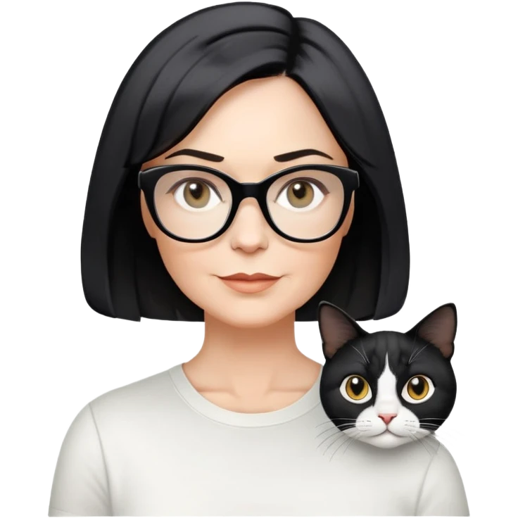 white woman, about 50 years old, light warm skin, short black bob haircut with slight waves at ends, neutral-determined expression, large black shiny butterfly or cat-eye glasses, white casual t-shirt, calm and creative energy emoji
