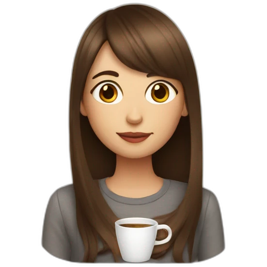 A girl with elongated bangs and long brown hair drinks coffee emoji