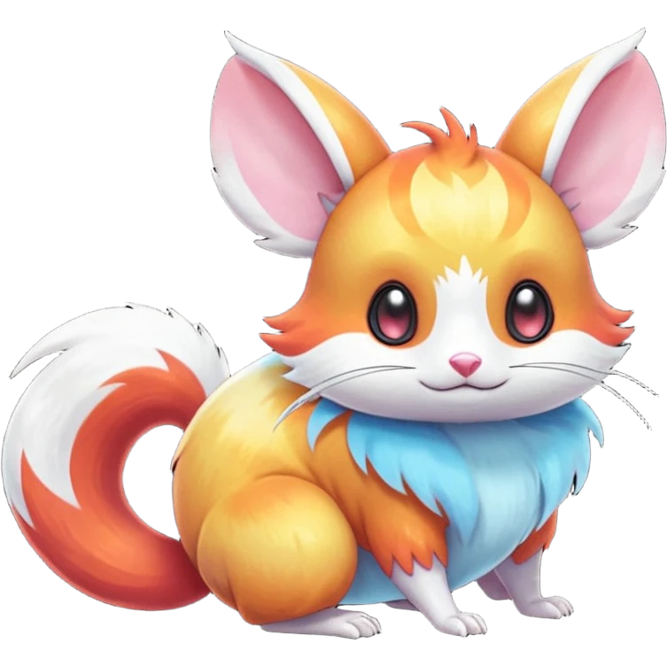  Shiny iridescent light warmly colored reddish-orange-gold-gradients neon vibrant bioluminescent colorful pastel flourishing flurry fuzzy Absol-Minccino-Furret-Zangoose-Dedenne-Chinchilla-Stitch-fusion-animal-Fakémon-hybrid-creature  emoji