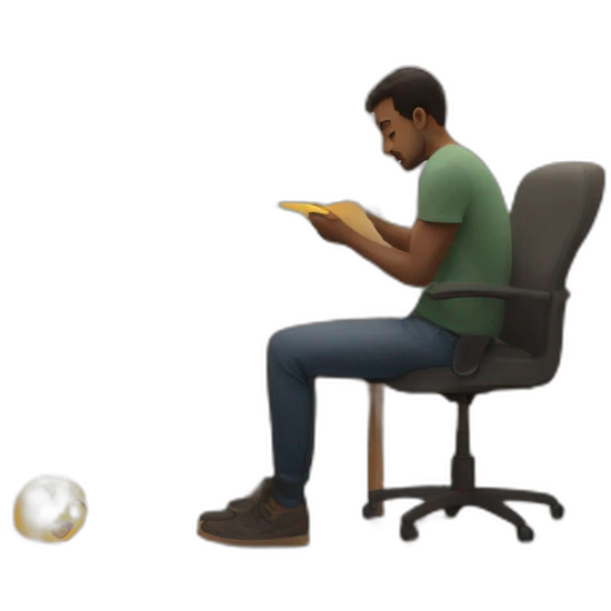 a man sits and studies something new, a product flies in the background emoji