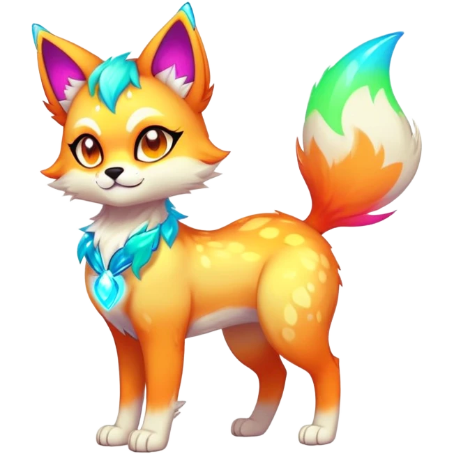 Vibrant multicolored neon-colored Falvie-Fionbri-creature-sparkle-feline-canine-hybrid-fursona, full body emoji