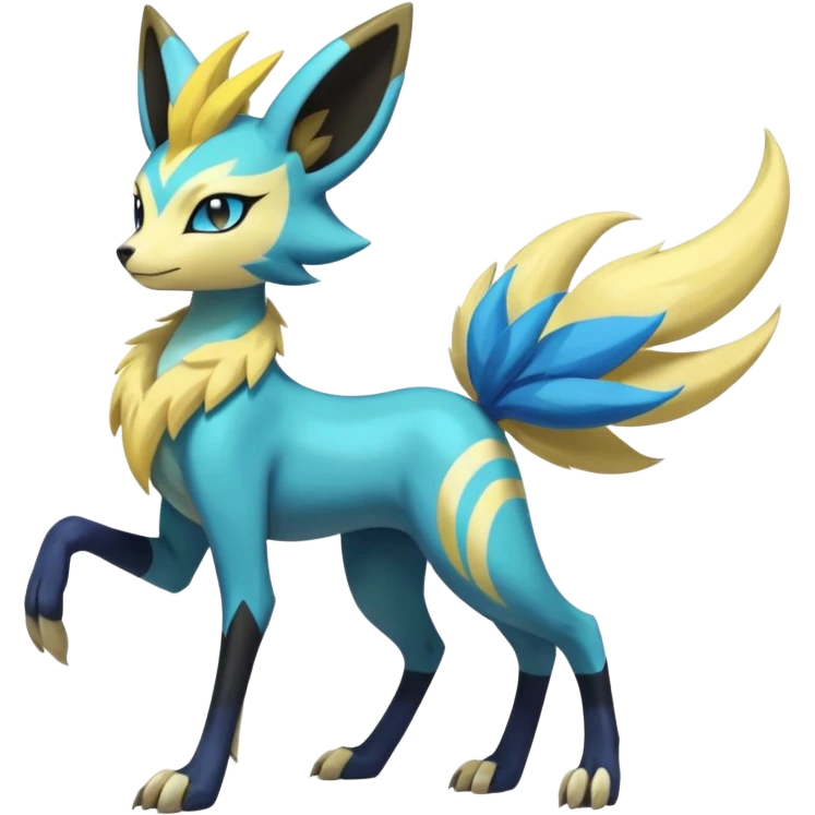 Feral Colorful Painted Asian Graceful Majestic Cool Handsome Meloetta-Zeraora-Luxray-Cobalion-Suicune-Vernid-fusion-hybrid-creature, full body  emoji
