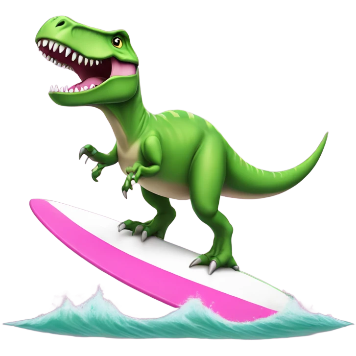 green t-rex dinosaur surfing on a pint and white surfboard with a pink tutu on emoji