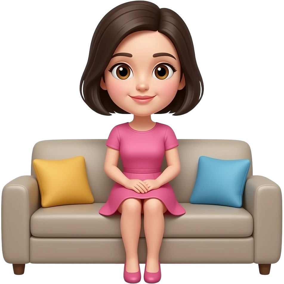 chica de cabello oscuro y corto, con ojos color cafe, con vestido color rosa, sentada en un sofa viendo una pelicula en un televisor emoji