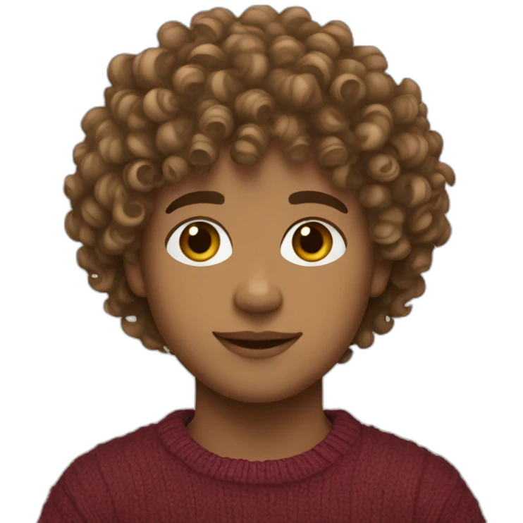 Boy with curls from Venezuela, semi-light brown curly hair. Wearing a sweater with fringes of 3 aesthetically pleasing colors. emoji