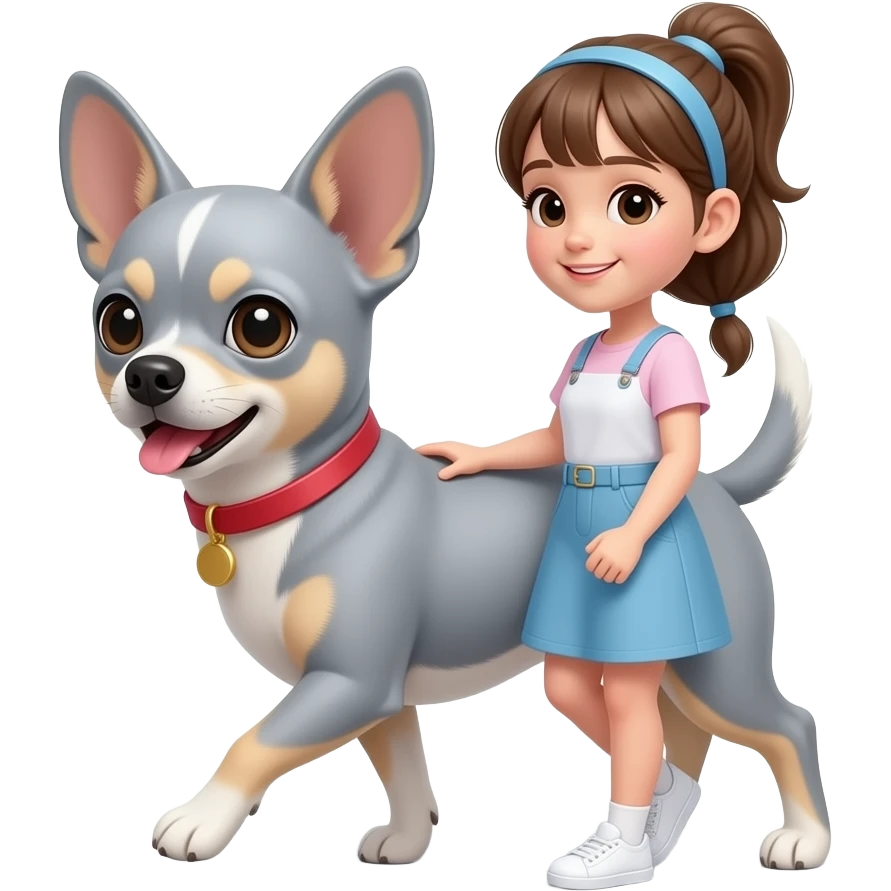 Chica morena joven paseando chihuahua ruso e color gris emoji