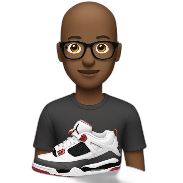 Bald young black man with glasses eye rolling holding Jordan Sneakers emoji