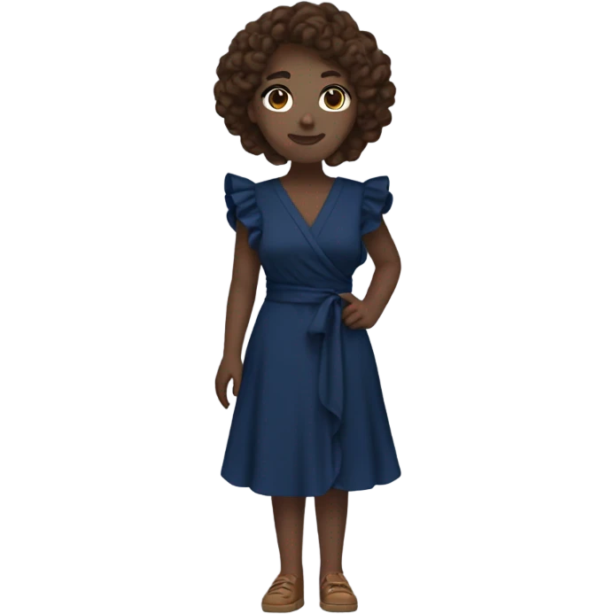 White girl with brown hair dark blue ruffle sleeve wrap dress full body emoji