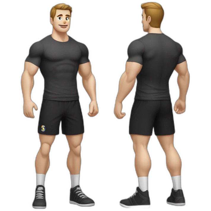 Pale skinned Fit Man With the biceps and dark brown hair in black shirt, gray sports shorts and white Sneakers Relies on the crossbar emoji