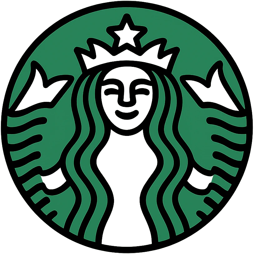 Starbucks mermaid, stylized, circular badge, green and white emoji