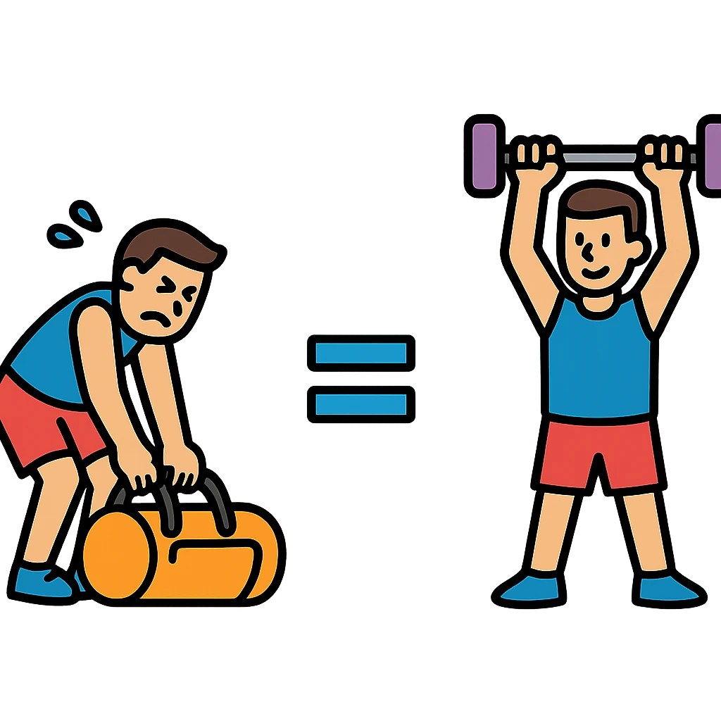 The picture is devided into two parts  the firts picture shows asportsman is struggling to lift a gymbag, the second one show the same sportsman doing a workout. There's sybmol equal between these pictures emoji