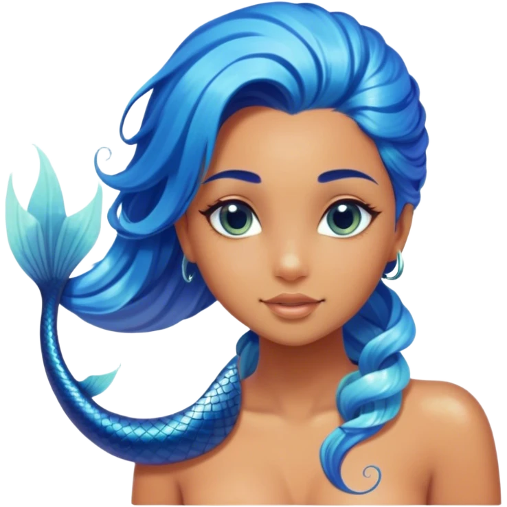 Cinematic Realistic Blue Hair Mermaid Portrait, depicted with lifelike, sun-kissed tanned skin that exudes a warm, radiant glow under gentle underwater lighting. Her intricately detailed, flowing blue hair cascades like a waterfall of ocean hues, framing deep, mesmerizing eyes that capture the vibrant spirit of the sea. Adorned with a shimmering tail and delicate tropical accents, the portrait features an enchanting underwater glow that blends realism with mythic coastal allure. emoji