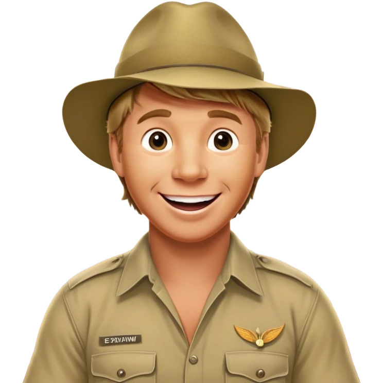 Cinematic Realistic Steve Irwin Portrait Emoji, depicted as a passionate wildlife expert in his signature khaki attire with an enthusiastic smile and a backdrop of the Australian outback, rendered with vibrant textures and dynamic natural lighting that captures his adventurous spirit. emoji