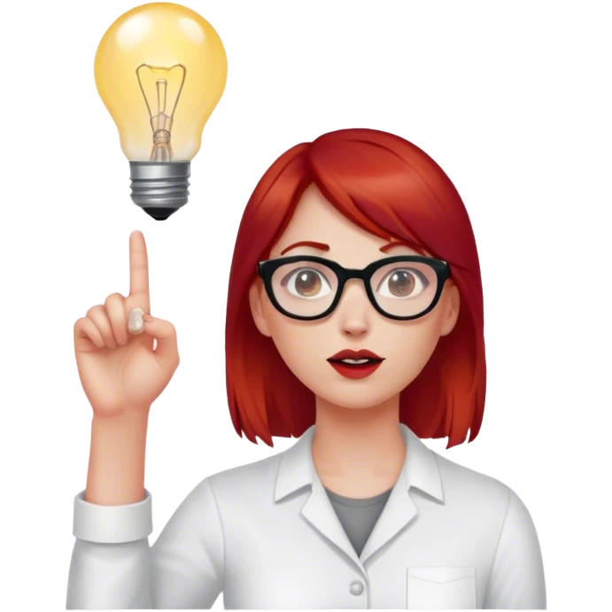 intelligent and clever, 30 year old, girl, red-blood hair, glasses, has an idea and holds her finger in the air, light bulb over the head emoji