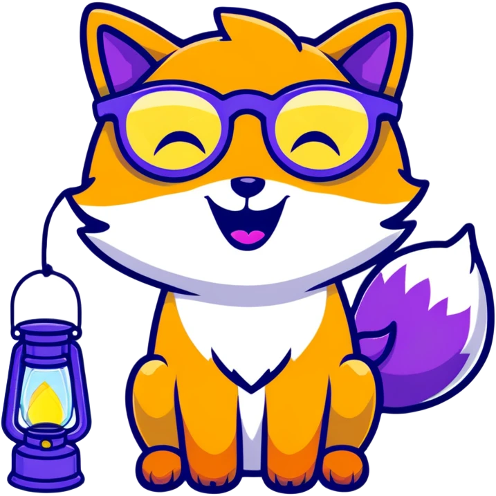 magical fox with purple and blue fur, glowing tail, star on forehead, round glasses, tiny lantern, laughing joyfully emoji